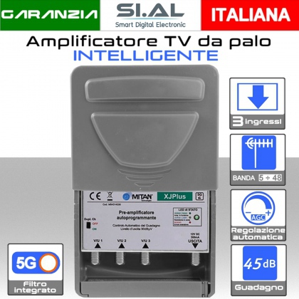 Amplificatore TV da palo automatico 3 ingressi 45dB autoprogrammabile con AGC e Filtro 5G LTE modello MITAN XJPLUS
