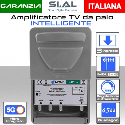 Amplificatore TV da palo automatico 3 ingressi 45dB autoprogrammabile con AGC e Filtro 5G LTE modello MITAN XJPLUS