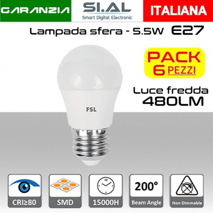 Lampadina LED a sfera 5,5W luce fredda E27  480 lumen PACK 6 PZ