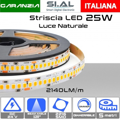 Striscia LED 25W Luce naturale 4000K da 5 metri 24V IP20 led dimmerabile
