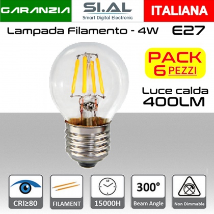 Lampadina LED a filamento 4W luce calda E27  470 lumen PACK 6 PZ