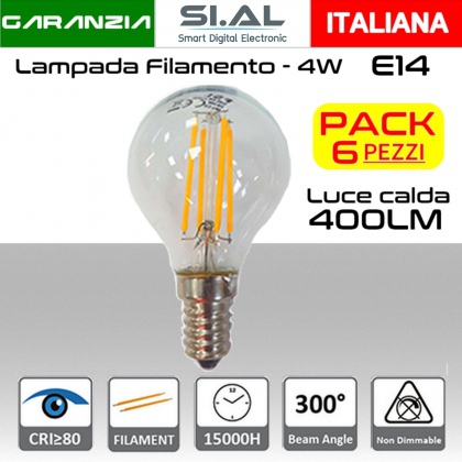 Lampadina LED a filamento 4W luce calda E14  470 lumen PACK 6 PZ