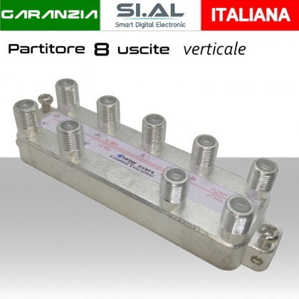 Partitore tv 8 uscite verticali a connettore F schermato in classe A divisore banda TV e Satellite Mitan DV8F6