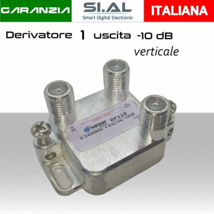 Derivatore antenna  1 uscita verticale attenuazione -10dB con 1 via passante DC schermato con connettore F per banda TV e Satellite mitan DF110