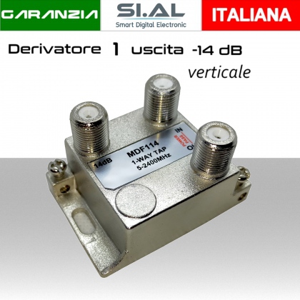 Derivatore antenna  1 uscita verticale attenuazione -14dB con 1 via passante DC schermato con connettore F per banda TV e Satellite mitan DF114