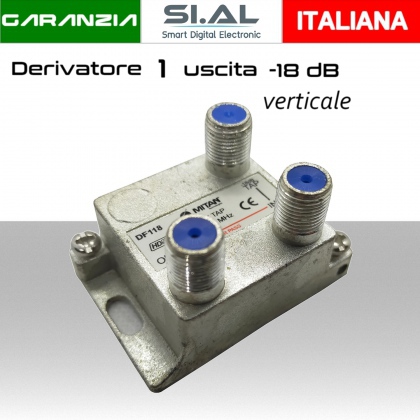 Derivatore antenna  1 uscita verticale attenuazione -18dB con 1 via passante DC schermato con connettore F per banda TV e Satellite mitan DF118