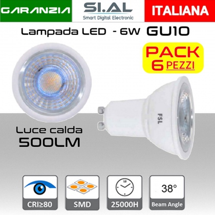 Lampadina LED GU10 6W luce calda 500 lumen PACK 6 PZ
