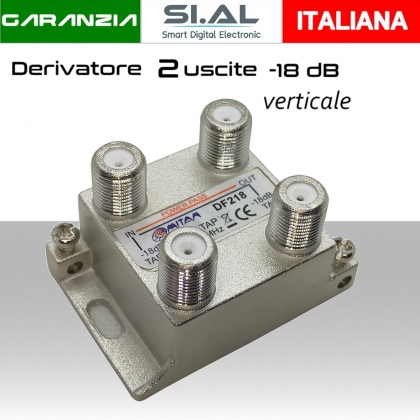 Derivatore antenna 2 uscite verticale attenuazione -18dB con 1 via passante DC schermato con connettore F per banda TV e Satellite mitan DF218