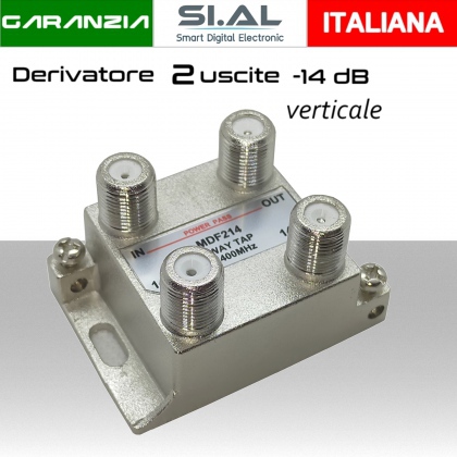 Derivatore antenna 2 uscite verticale attenuazione -14dB con 1 via passante DC schermato con connettore F per banda TV e Satellite mitan DF214