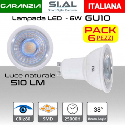 Lampadina LED GU10 6W luce naturale 510 lumen PACK 6 PZ