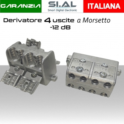 Derivatore antenna 4 uscite a morsetto attenuazione -12dB con 1 via passante DC schermato per banda TV e Satellite mitan ETD412