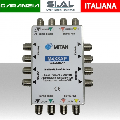 Multiswitch 8 uscite a 4 ingressi e 4  uscite passanti per distribuzione in cascata Mitan M4x8AP