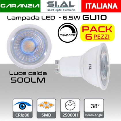 Lampadina LED GU10 6,5W luce calda 500 lumen  dimmerabile PACK 6 PZ
