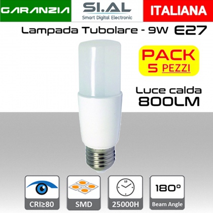 Lampadina LED tubolare E27 luce calda 3000K da 800 lumen 9W  PACK 5 PZ