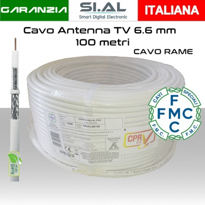 Cavo antenna TV 6,6 mm in bobina 100 metri Rame e PVC bianco Micro TEK 