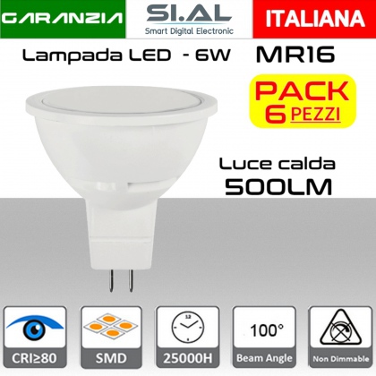 Lampadina LED MR16 GU5.3 6W luce calda 500 lumen PACK 6 PZ