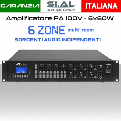 Amplificatore audio 6 zone bluetooth professionale 100V  6X60W sistema matrice audio indipendente multi-room 