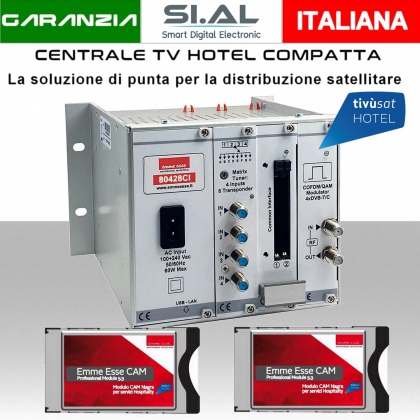 Centrale TV Hotel compatta certificata tivùsat 4 ingressi a 8 transponder e 4 Mux di uscita con 2 slot FlexCAM complete di moduli cam professionali e card Tivusat.Emme Esse 80428CI