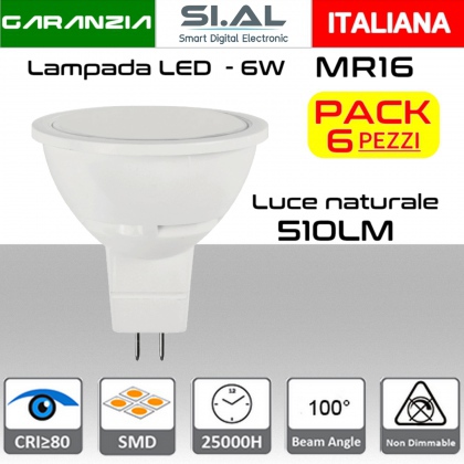 Lampadina LED MR16 GU5.3 luce bianca naturale 510 lumen 6W Cover opaca PACK 6pz.