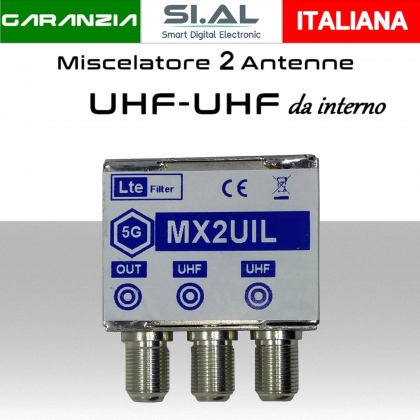 Miscelatore antenna TV a 2 ingressi UHF- UHF contenitore schermato LTE