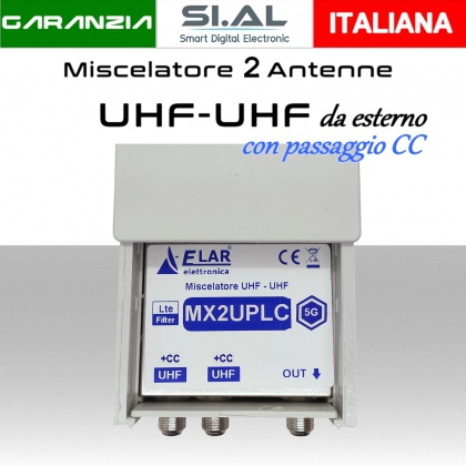 Miscelatore antenna TV a 2 ingressi UHF- UHF da palo con passaggio DC contenitore schermato LTE 