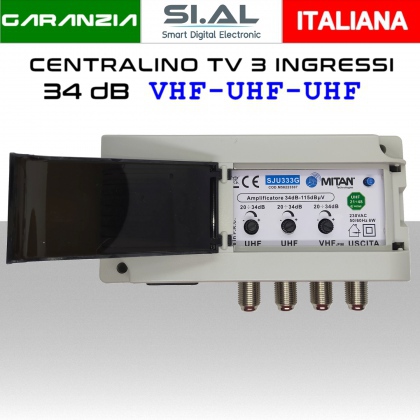 Centralino antenna TV Autoalimentato 3 ingressi BIII-UHF-UHF 34dB da interno con Filtro 5G LTE serie MITAN SJU333G