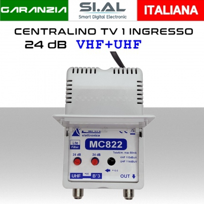 Centralino antenna TV Autoalimentato 1 ingresso BIII/UHF 24dB da interno con Filtro 5G LTE serie Elar MC822