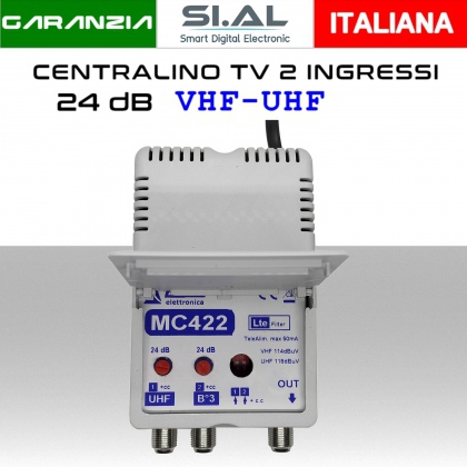 Centralino antenna TV Autoalimentato 2 ingressi BIII-UHF 24dB da interno con Filtro 5G LTE serie Elar MC422