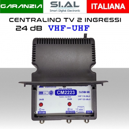 Centralino antenna TV Autoalimentato 2 ingressi BIII/UHF 24dB da interno con Filtro 5G LTE serie Elar CM2223