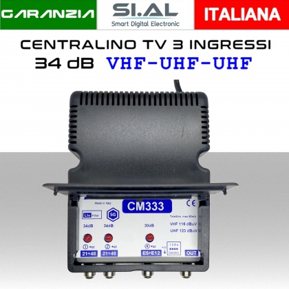 Centralino antenna TV Autoalimentato 3 ingressi BIII/UHF/UHF 34dB da interno con Filtro 5G LTE serie Elar CM333