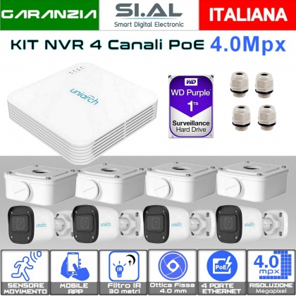 Kit videosorveglianza PoE 4 canali completo di telecamere bullet IP  Hard Disk 1TB e accessori