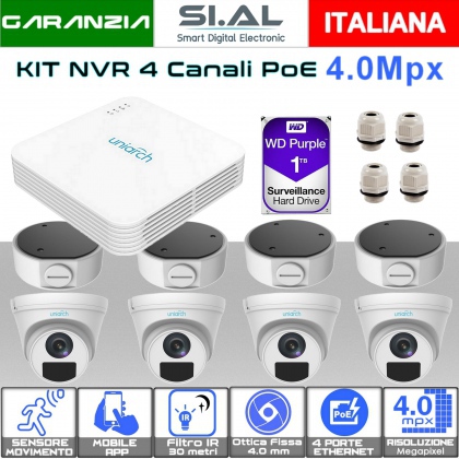Kit videosorveglianza PoE 4 canali completo di telecamere dome IP da esterno Hard Disk  e accessori Uniarch