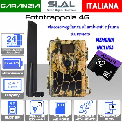 Fototrappola con sim slot 4G LTE risoluzione foto 24MP con DISPLAY