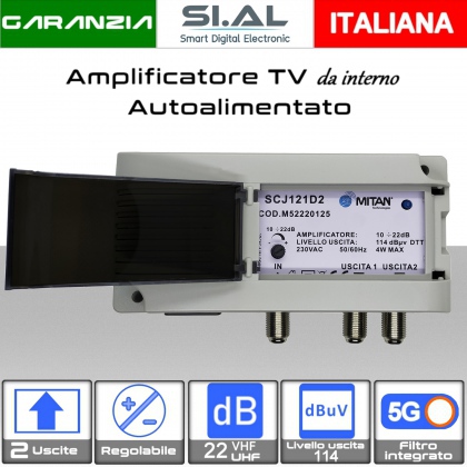 Amplificatore di linea TV 1 ingresso regolabile 22dB da interno autoalimentato a 2 uscite serie Mitan SCJ121D2