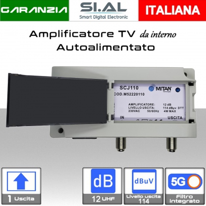 Amplificatore di linea TV 1 ingresso 10dB da interno autoalimentato serie Mitan SCJ110