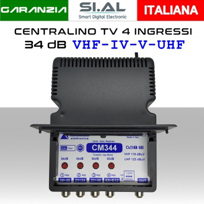 Centralino antenna TV Autoalimentato 4 ingressi BIII-IV-V-UHF 34dB da interno con Filtro 5G LTE serie Elar CM344