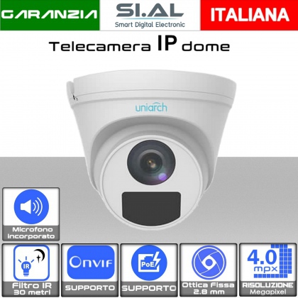 Telecamera IP dome 4 megapixel da esterno PoE con ottica fissa da 2.8 mm e microfono incorporato Uniarch