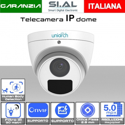 Telecamera IP dome 5 megapixel da esterno PoE con ottica fissa da 2.8 mm Human Body incorporato Uniarch