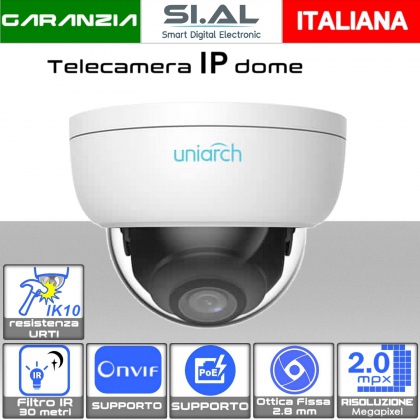 Telecamera IP mini dome 2 megapixel da esterno PoE con ottica fissa da 2.8 mm anti vandalo IK10 Uniarch