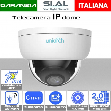 Telecamera IP mini dome 2 megapixel da esterno PoE con ottica fissa da 4.0 mm antivandalo IK10 Uniarch