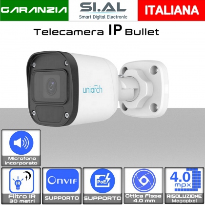 Telecamera IP Bullet PoE Onvif 4MP Ottica 4 mm con Audio Uniarch