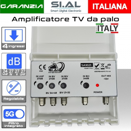 Amplificatore antenna TV 4 ingressi VHF-IV-V-UHF 27dB regolabili con Filtro 5G
