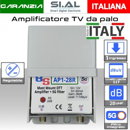 Amplificatore antenna TV 1 ingresso UHF 28dB regolabile Filtro 5G ( 2pz.) 