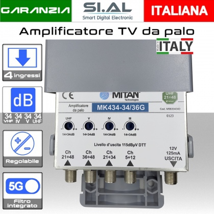 Amplificatore antenna TV 4 ingressi VHF-IV-V-UHF 34dB Mitan MK434-34/36G