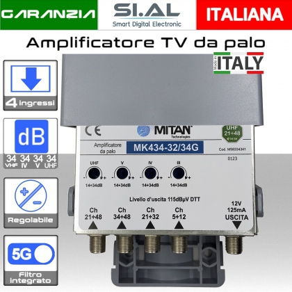 Amplificatore antenna TV 4 ingressi VHF-IV-V-UHF 34dB Mitan MK434-32/34G4 