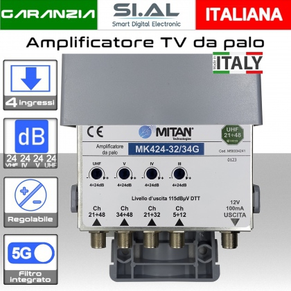 Amplificatore antenna TV 4 ingressi VHF-IV-V-UHF 24dB Mitan MK424-32/34G