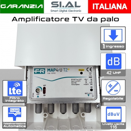 Amplificatore antenna TV 1 ingresso UHF 42dB regolabile Filtro 5G 