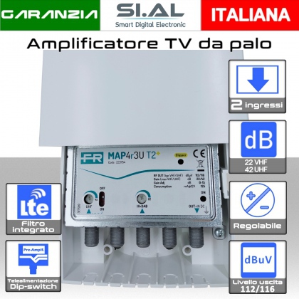 Amplificatore antenna TV 2 ingressi VHF-UHF 42dB regolabile Filtro 5G