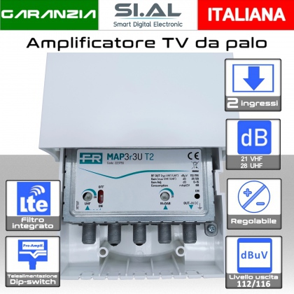 Amplificatore antenna TV 2 ingressi VHF-UHF 28dB regolabile Filtro 5G