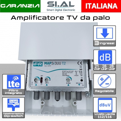 Amplificatore antenna TV 3 ingressi VHF-UHF-UHF 28dB regolabile Filtro 5G